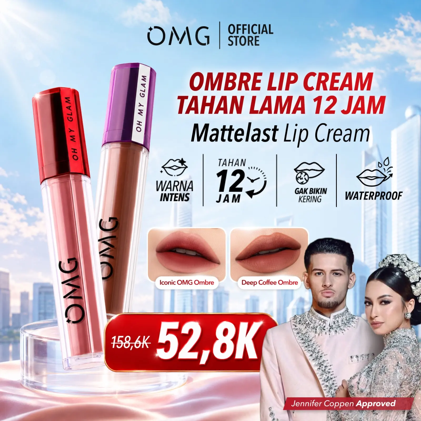 [All Best Seller Ombre Lips] OMG Oh My Glam Lip Cream Matte - Lipstik Tahan Lama, Warna Intens, Ringan & Nyaman