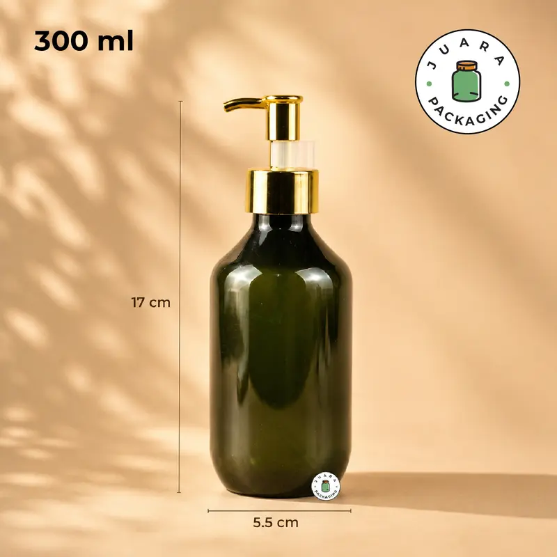 Botol Plastik Hijau Pump Gold 500ml 300ml – Wadah Sabun Cair Lotion Shampoo Skincare Minyak Aromaterapi Refill Botol Kosmetik Isi Ulang Tebal Elegan dengan Tutup Pump Warna Emas Premium
