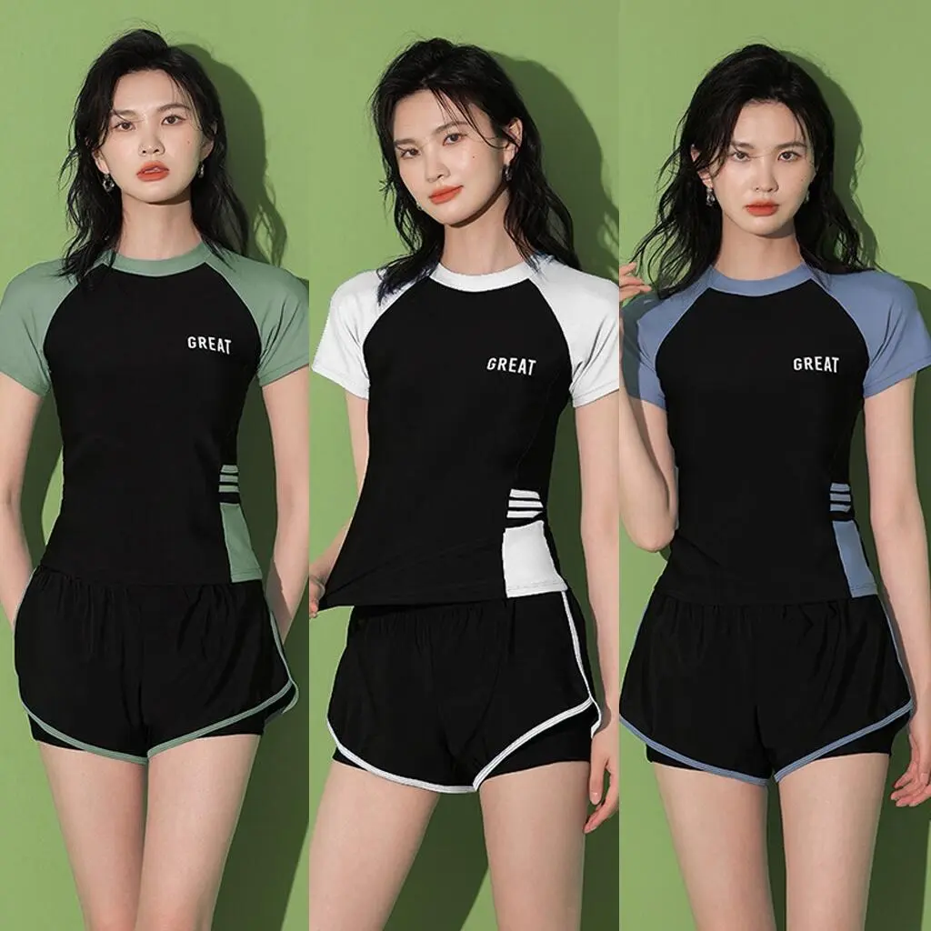 Sports Women 2Pcs Swimwear Set Short Sleeve T-shirt+High Waist Shorts Swimsuit Casual Beach Bathing Suit