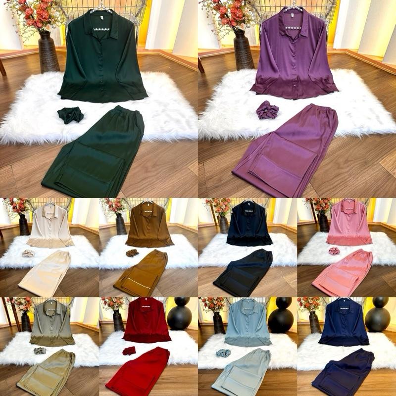 LỤA LATIN SPK SƠMI TRƠN (45kg-85kg) Thiết kế cổ Sơ Mi phong cách đơn giản sang trọng, Nữ Women Quần Ngủ Áo đồ ngủ đồ bộ