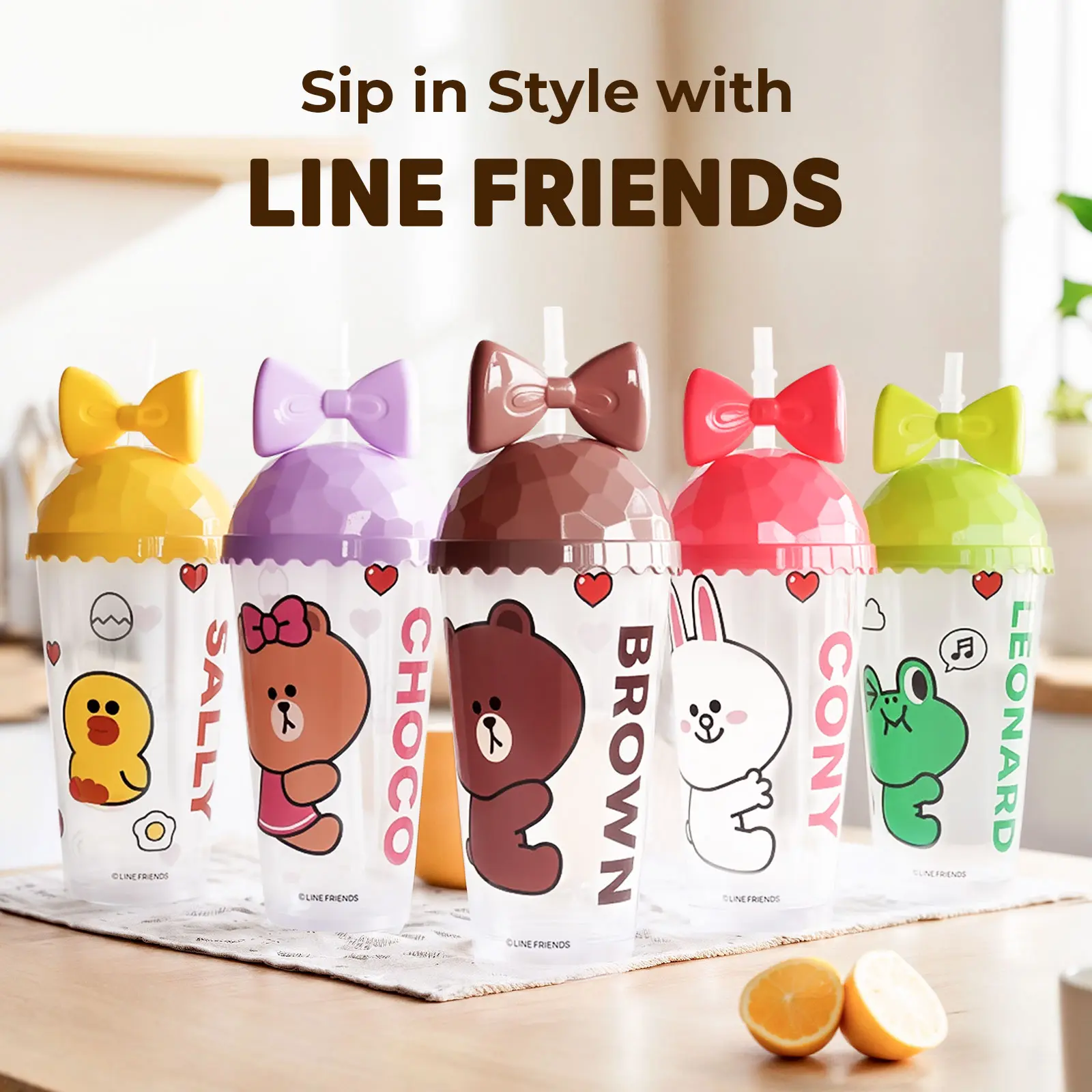 [LINE FRIENDS] Gelas Plastik yang Dapat Digunakan Kembali dengan Tutup - Gelas Sedotan 500ML untuk Minuman - Botol Air Jus