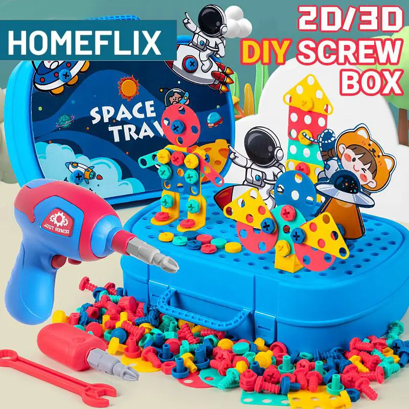 Mainan Edukasi 3D Mainan Anak Tool Box Set 224pcs DIY | 3D Educational Toy Screw Box with Electric Drill