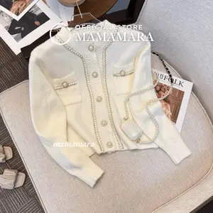 MAMAMARA - Cardigan Wol Rajut Lis Full Mutiara Outer Mewah Elegant Baju Panjang Kardigan Tebal Rib Knitwear