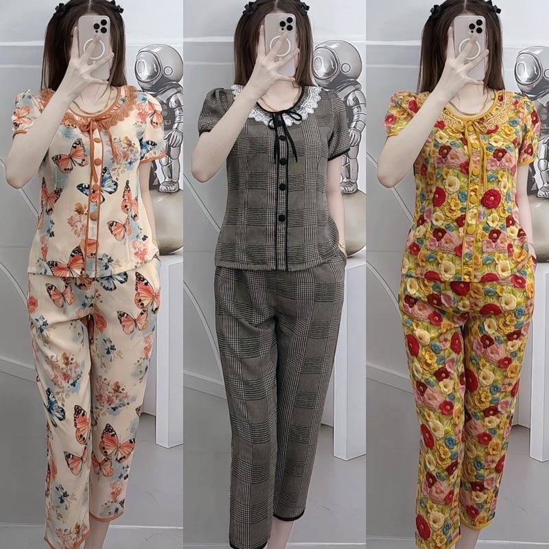   Quần 9tấc  Set đồ bộ mango cổ ren tiểu thư thắt nơ phom xuông rộng thoải mái hoạ tiết xinh 