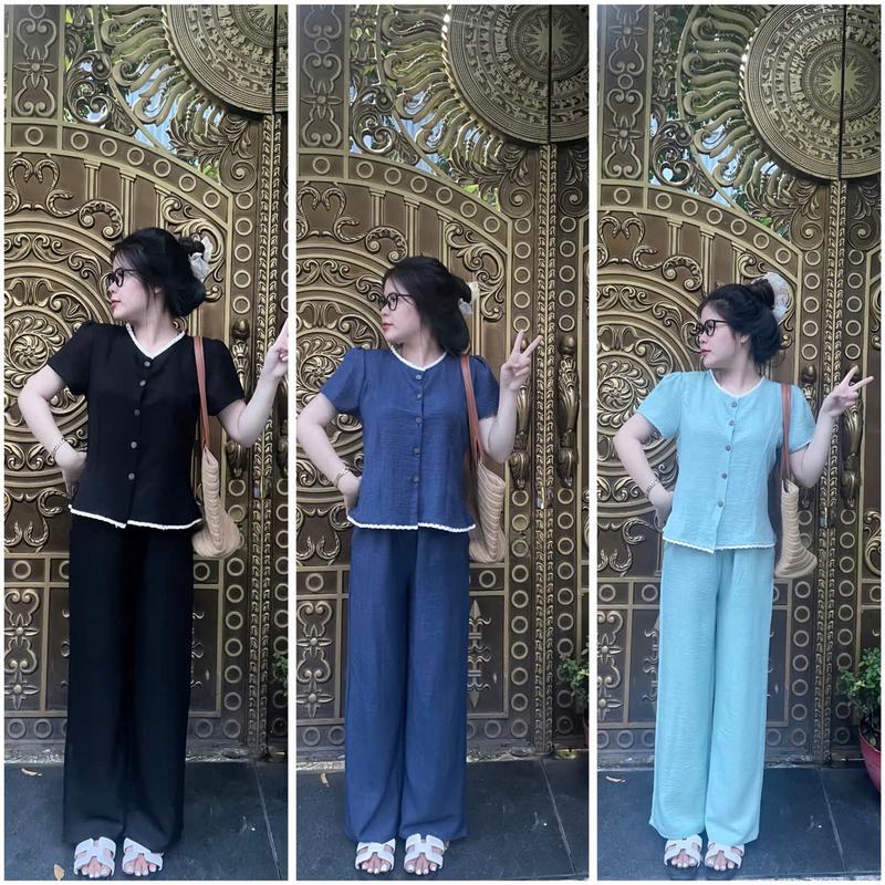  Sét bộ gu sang áo kiểu lai ren nút dừa phối quần ống suông dễ thương 