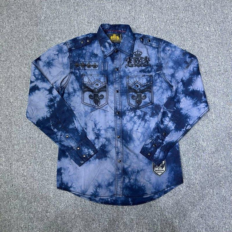 Áo sơ mi nam tay dài màu xanh loang, full thêu, đính đá bi inox, nút đá mắt mèo