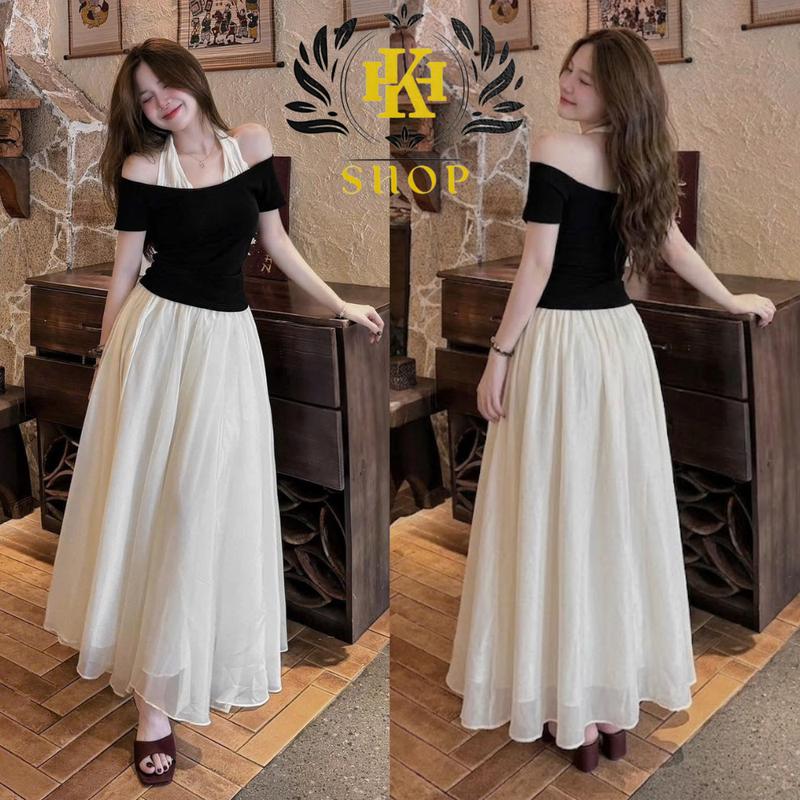 Set Váy Nữ - Set Áo Trễ Vai Cổ Yếm Mix Chân Váy Maxi Voan Tơ 2 Lớp Tôn Dáng Che Khuyết Điểm HK Shop9720