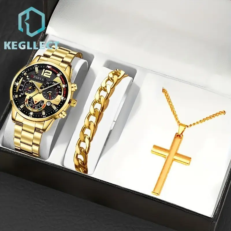3PCS Jam Tangan Kuarsa Tipe Bisnis Pria Tali Baja Tahan Karat Dial Besar Dengan Kalung Gelang (Tanpa Kotak)