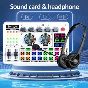 Bonkyo F999MAX Sound Card Set dengan Headset & Mikrofon untuk Siaran Langsung dan Karaoke Rumah Dilengkapi Chip DSP Digital Kontrol Efek Suara Khusus Audio untuk Laptop - F999+Headset B