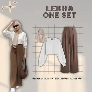 One Set 3 In 1 Lekha Terbaru Dengan (Sweater Crewneck Crop, Loose Pants Dan Hijab Pashmina Ceruty) Inspo OOTD Remaja Kekinian Untuk Kuliah | Setelan Wanita Panjang Modis -BZ64