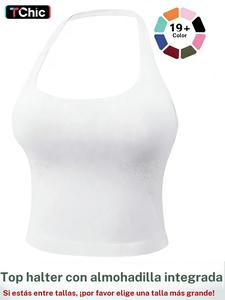 Top deportivo sin mangas para mujer con relleno de pecho removible, top deportivo casual sin mangas con cuello halter para yoga y entrenamiento en el gimnasio, ropa deportiva para damas para todas las estaciones