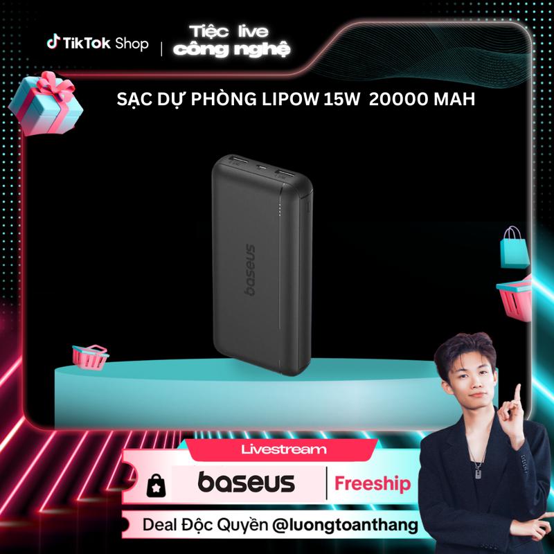 [Baseus x Luongtoanthang] Pin dự phòng Baseus Lipow 20000mAh – Sạc  15W, tích hợp cáp 3A, tương thích nhiều dòng điện thoại