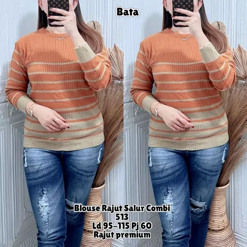 BLOUSE rajut SALUR COMBI / sweater polet Kecil bawah Badan baju rajut tangan panjang Garis haru polet Bica Atasan Wanita 3