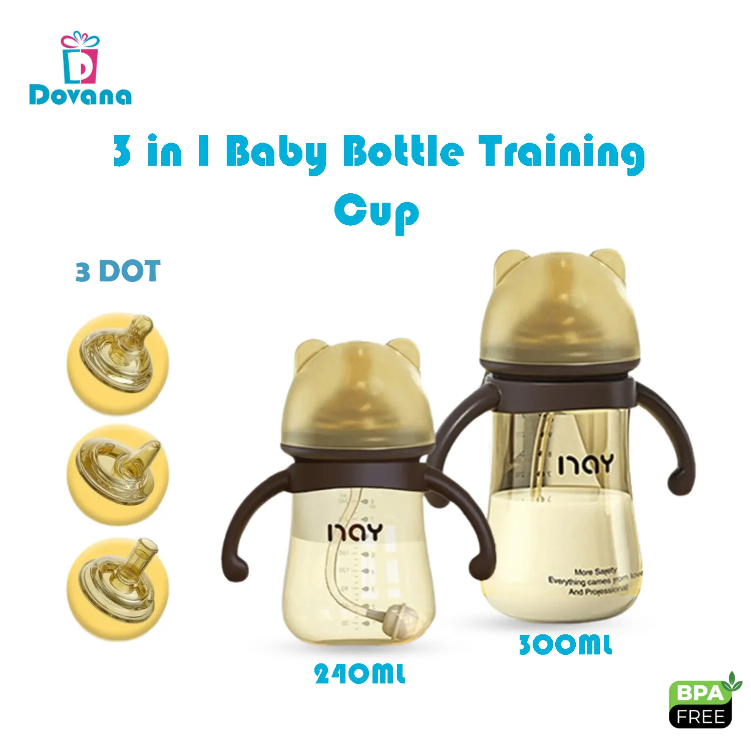 Dovana Botol Minum Susu Bayi Anak 3 In1 Sedotan Model Beruang Anti Kolik Baby Training Cup BPA Free Anti Tumpah