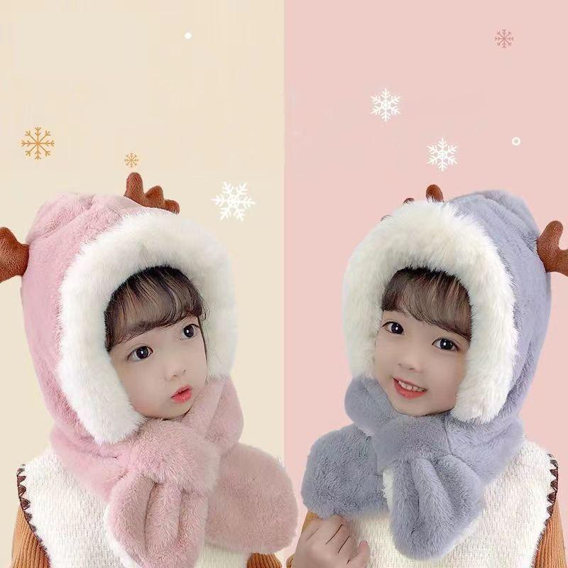 Mũ Và Khăn Quàng quàng cổ Giữ Ấm Mùa Đông, Thiết Kế Nai Sừng Tấm Dễ Thương, Khăn Quàng Cổ Có Mũ Trùm Đầu Nhồi Bông Thích Hợp Cho Trẻ Em, Sử Dụng Ngoài Trời, Có Mũ Bảo Vệ Tai, Kiểu Mũ Len