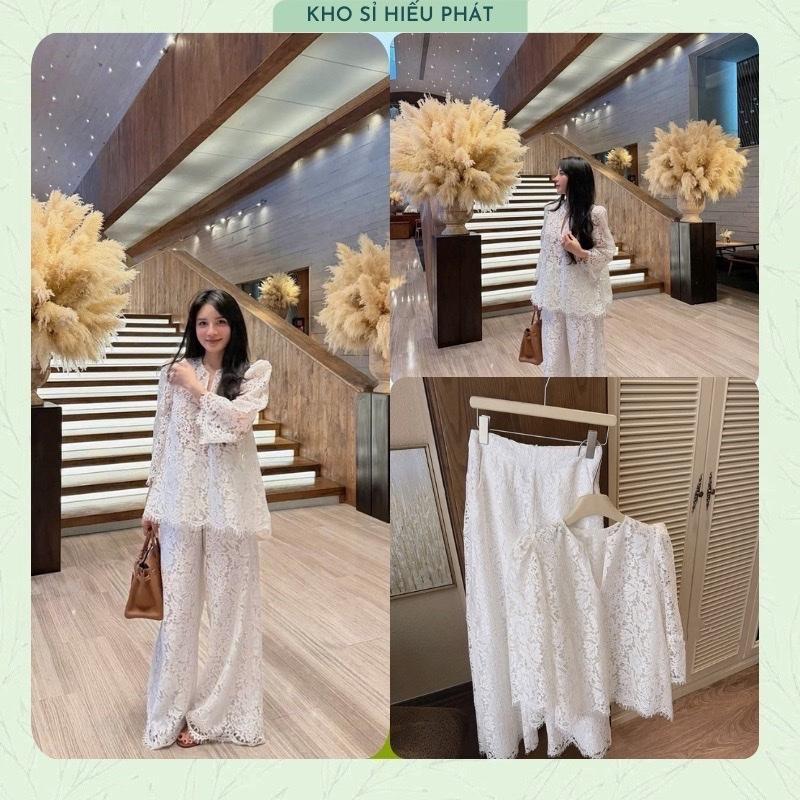 Tặng Áo Dây Lụa Set Áo Ren Trắng Cổ V Tay Bồng Quần Xuông Sang Chảnh Hot by Hp