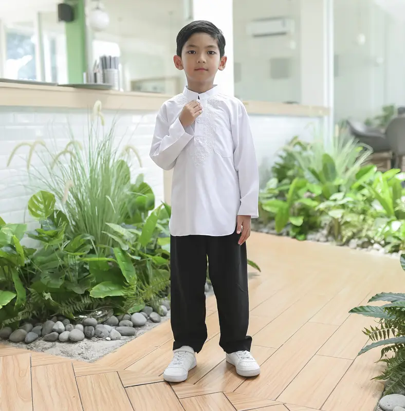 Setelan Koko Baju Putih Celana hitam Lengan Panjang Anak Laki-Laki Katun Micro  Turki Muslim 2