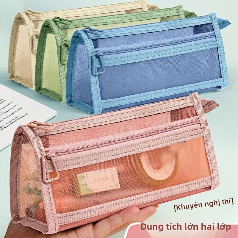 Túi bút lưới trong suốt hai lớp tam giác đứng được, túi đựng bút học sinh màu morandi dung tích lớn dùng cho kỳ thi, kéo kim loại chống rách