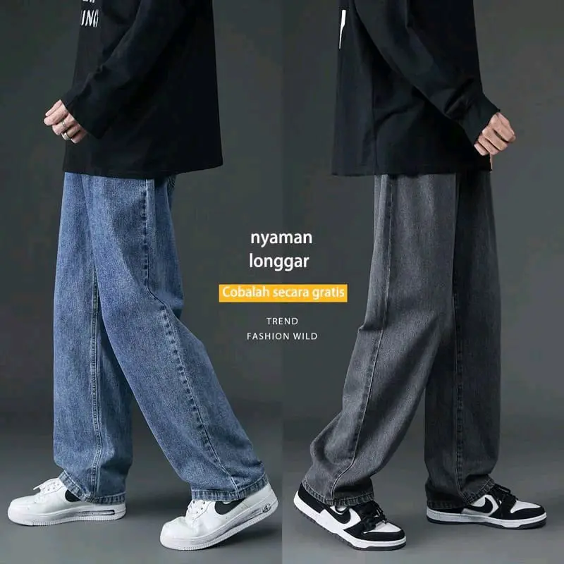 Celana jeans pria baggy pants korean style oversize loose snow jeans straight kulot boyfriend jeans longgar Oversize Baggy Panjang Denim Biru Nyaman Santai Hitam regular Loose-fitting Keren