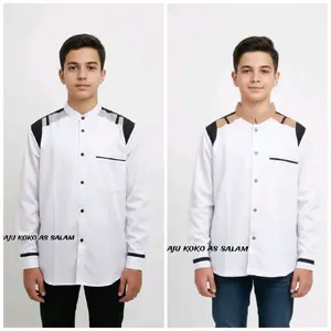 baju koko Putih anak laki-laki 6-15 th kombinasi motif tanduk rusa Muslim Panjang Turki
