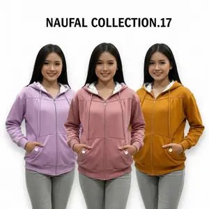 Naufal collection.17 Jaket Hoodie Sweater Wanita Polkadot Polos Zipper Resleting Lokal Distro Premium Bahan Fleece 280 Tebal Nyaman Ukuran L-XXL Lembut Oversize Hitam Panjang Keren Basic - Crewneck