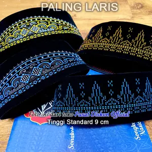 Peci Songkok Kopiah Dewasa Anak Laki Laki Motif Batik Songket Biru Emas Gold Beludru halus