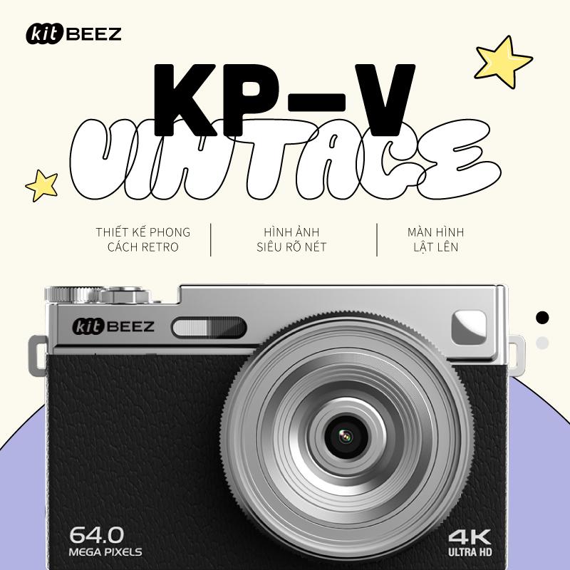 【KiTBEEZ KP-V】Máy ảnh kỹ thuật số phong cách cổ điển | Màn hình lật 180° tự chụp | 4K/64MP | Zoom số 16X | Đèn flash thông minh | Quay vlog & selfie cao cấp