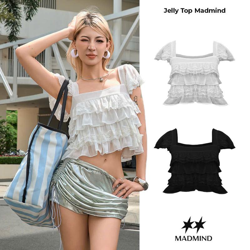 MADMIND Áo Nữ Babydoll 4 Tầng Bèo Phối Ren JELLY TOP - Màu Đen / Trắng