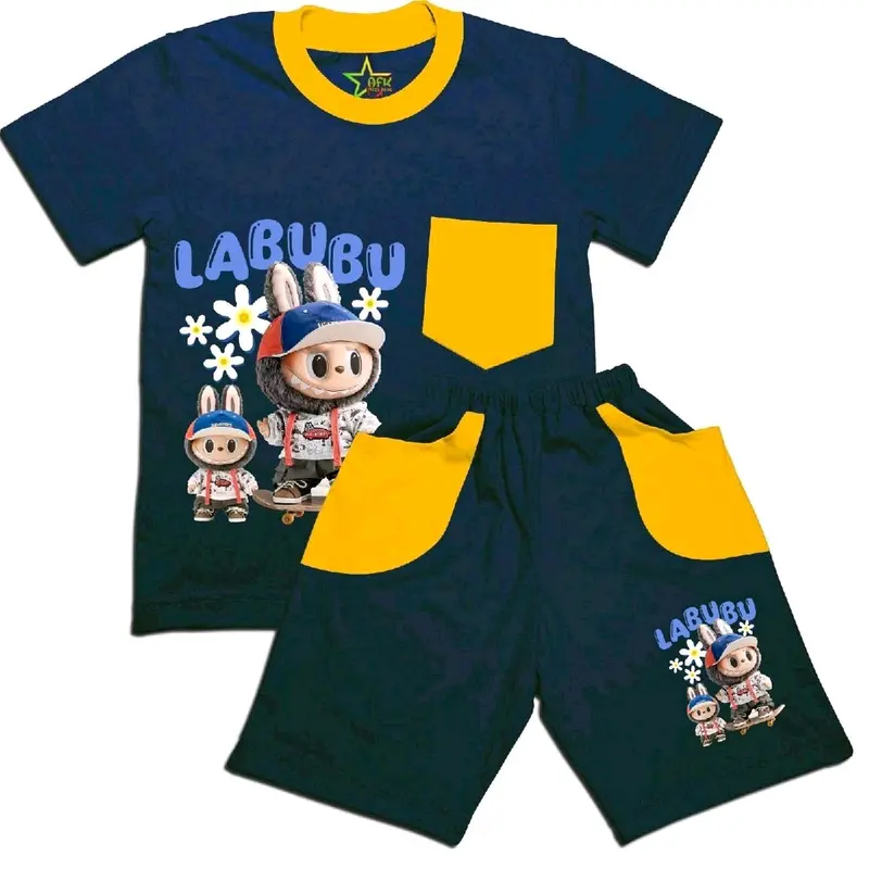 Stelan kaos anak karakter lucu Labubu skateboard berbahan lembut usia 2-8th Fashion Celana Set 0