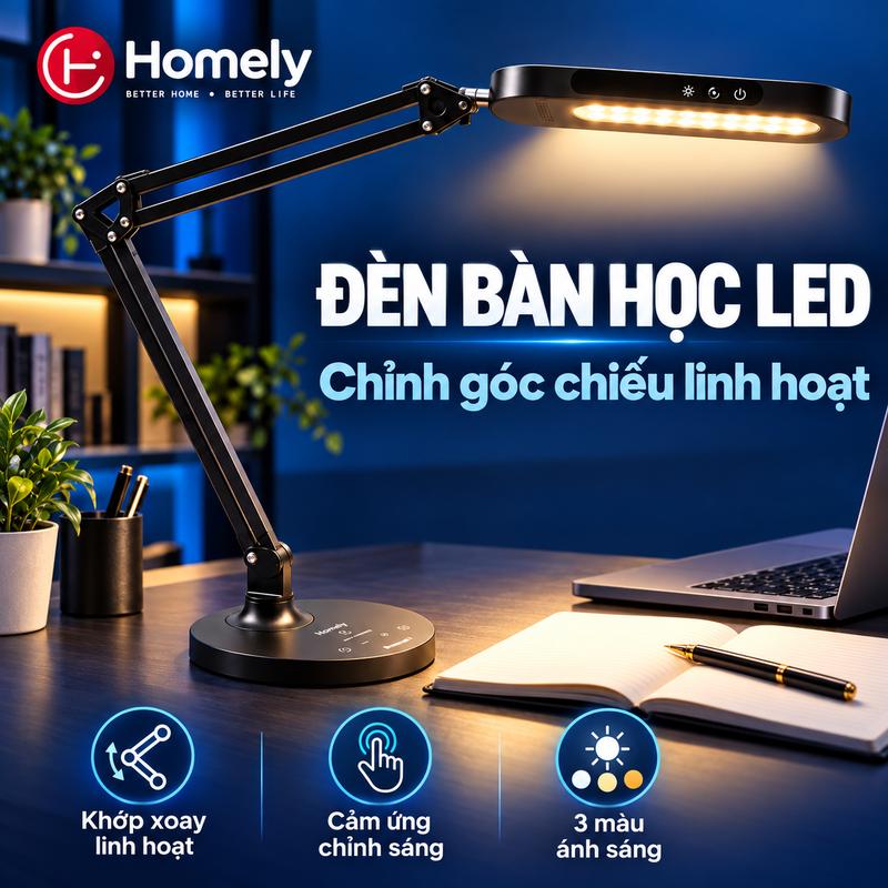 Đèn bàn học LED Homely khớp xoay linh hoạt, cảm ứng chỉnh sáng cho góc học tập gọn gàng