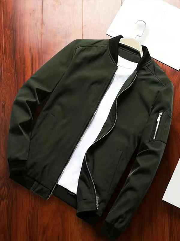 Men's Solid Zip Up Bomber Jacket, Regular Fit Casual Baseball Collar Long Sleeve Outerwear for Spring & Fall, Fashion Men's Clothes for Daily Wear, Coats 3