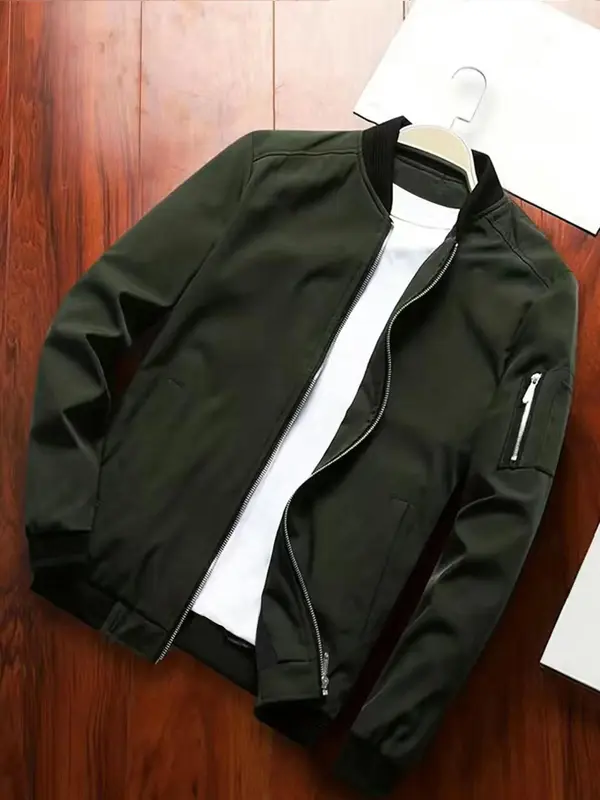 Men's Solid Zip Up Bomber Jacket, Regular Fit Casual Baseball Collar Long Sleeve Outerwear for Spring & Fall, Fashion Men's Clothes for Daily Wear, Coats 3