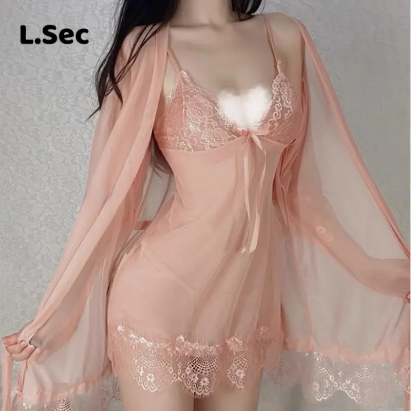 Bộ Đồ Ngủ Nữ, Gợi Cảm, Bao Gồm Váy Và Áo Choàng, Váy 2 Dây Nhìn Xuyên Thấu Với Quần Lót Táo Bạo