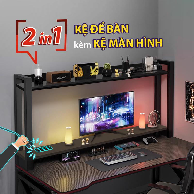 Kệ bàn học kiêm kệ màn hình decor bàn làm việc giá sách để đồ 2 tầng tủ gỗ trang trí đựng sách mini