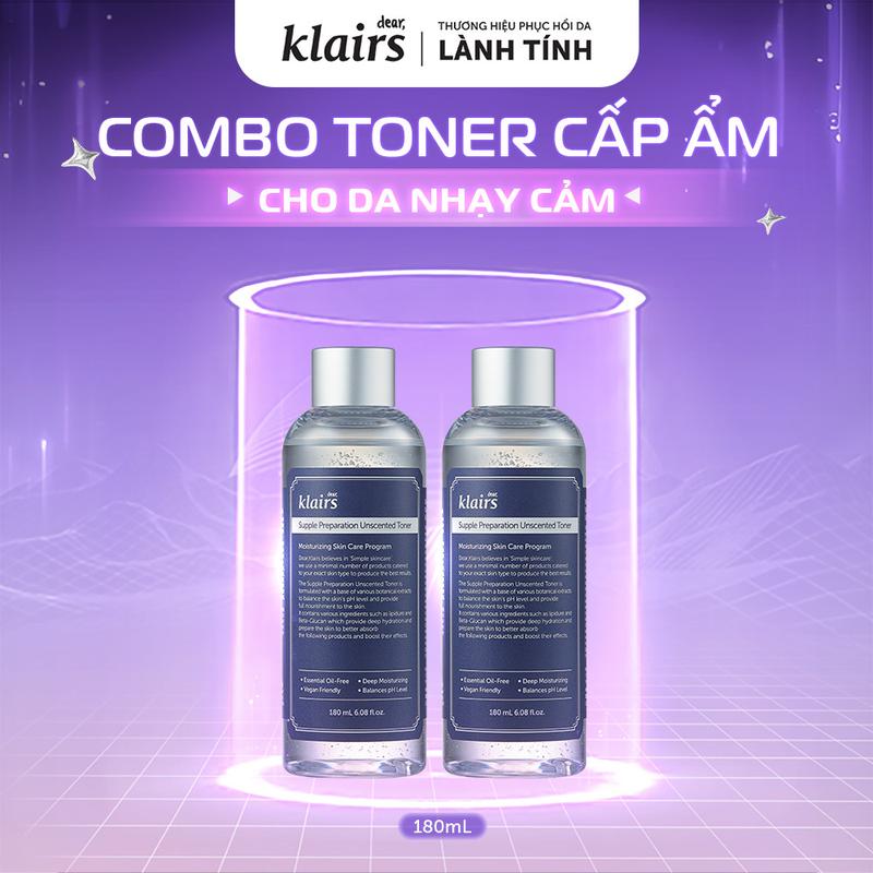  Combo 2 Nước hoa hồng Dear Klairs Supple Preparation Unscented Toner 180ml 