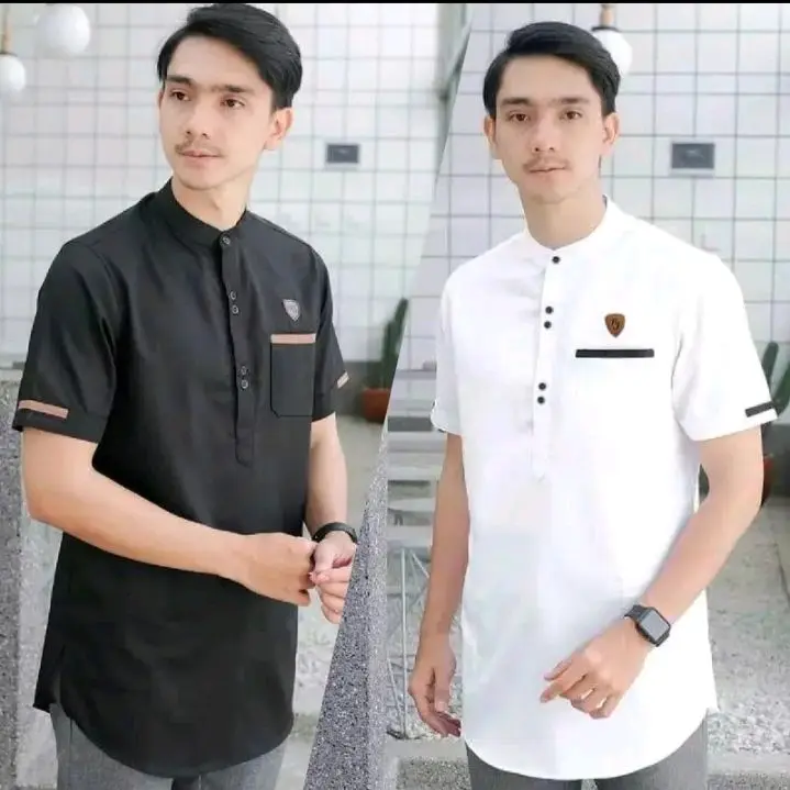 Baju Koko Kurta Lengan Pendek Terbaru Dewasa Kantong Muslim Katun Pria Nyaman Panjang Formal Lembut Kancing 0