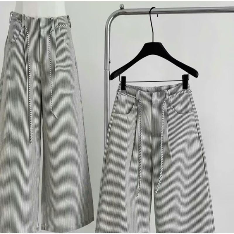 (Xả  Hàng )  Quần Kẻ Sọc ống rộng đen trắng Nữ  có  khuy cài Mix Dây Eo Chất Kaki Jean  mềm Lưng Cao Tôn Dáng Mặc Thoải Mái M222