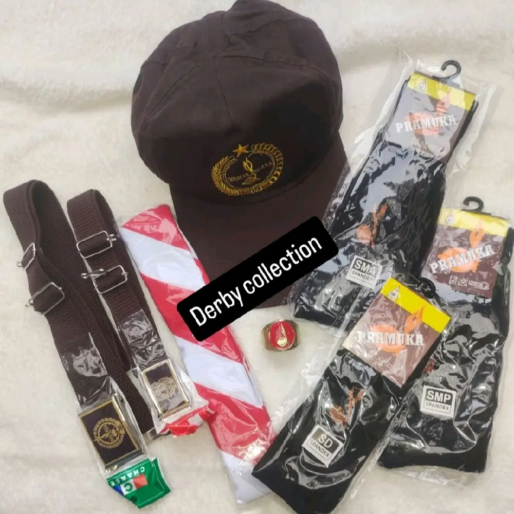 paket hemat perlengkapan topi penggalang pramuka.smp sma sd.topi sabuk kaos kaki kacu sama ring pramuka