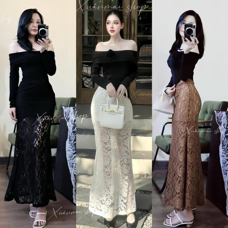 (Chân váy 106cm) SET ÁO TRỄ VAI CHÂN VÁY REN HOA LƯỚI co giãn dáng A dài XuânMai shop
