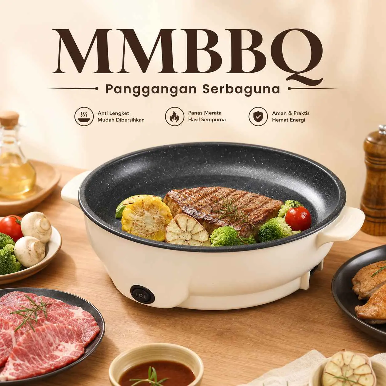 panci panggangan elektrik bbq /grill pan anti lengket 25x23x8 cm 225–450 watt