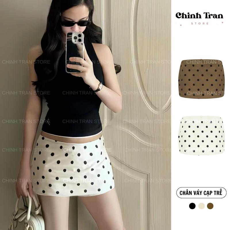 Chân Váy Cạp Trễ Chấm Bi Dáng Ngắn Phong Cách Trendy Nữ Tính