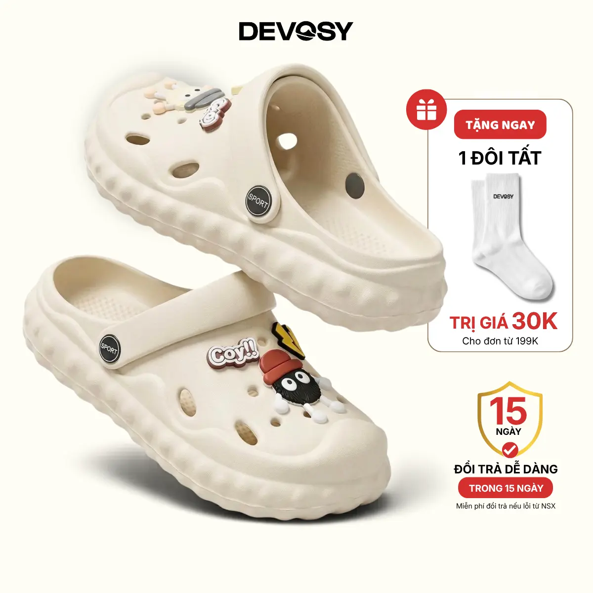 Devosy Dép Sục Sandal Nam Nữ EVA Đế Bằng Gắn Sticker Bánh Than Chống Trơn Trượt Đi Mưa Đi Nắng LA029