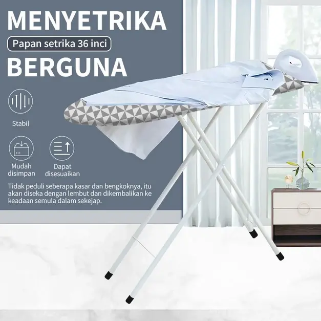 Menyetrika Berguna Meja Setrika Lipat Adjustable Motif Kotak Abu-abu 90x30 cm Tinggi 70-80 cm Bahan Besi Kayu Kanvas Desain Minimalis Modern Stabil Mudah Dikendalikan