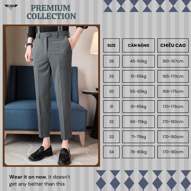 Quần âu kẻ Sọc Nam Cao Cấp cotton thương hiệu T-Max kiểu dáng ôm slimfit dáng ôm co giãn nhẹ Menswear Pants Lưng Cao quầntây nam