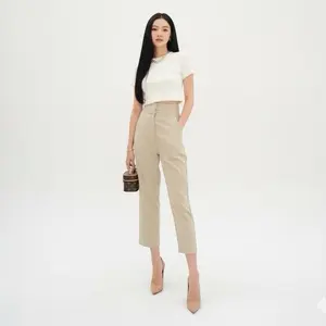 Arjaz Shop - Celana Panjang Highwaist Korea Dewasa Kain Katun Tebal Basic Formal Kantor Casual Simple Karet Baggy Hitam Wanita American Drill Premium Linen
