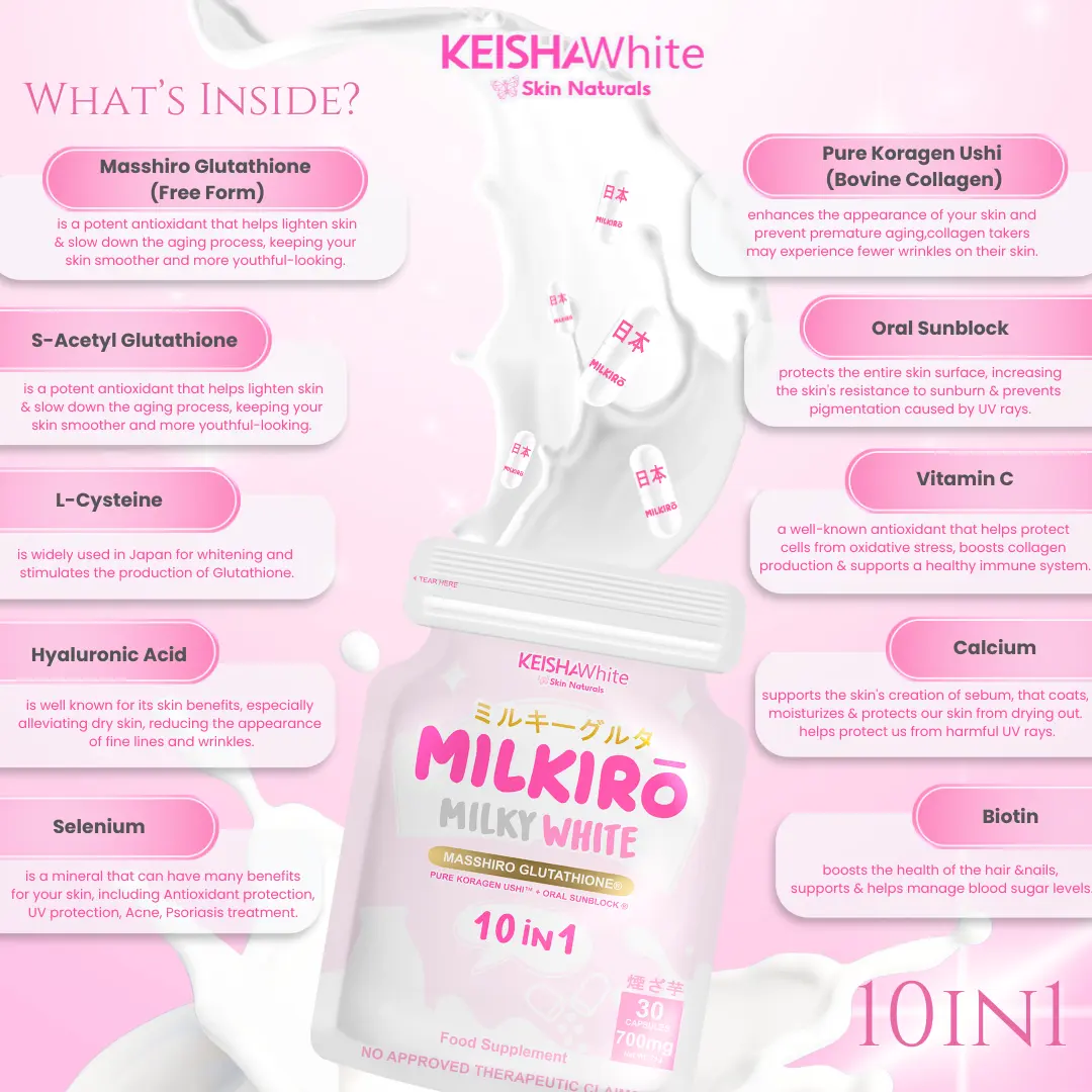 masshiro glutathione benefits 2 PACKS: MILKIRO MILKY WHITE 10in1 Glutathione Capsules with Collagen, Oral  Sunblock, Vitamin I Whitens, Brightens,