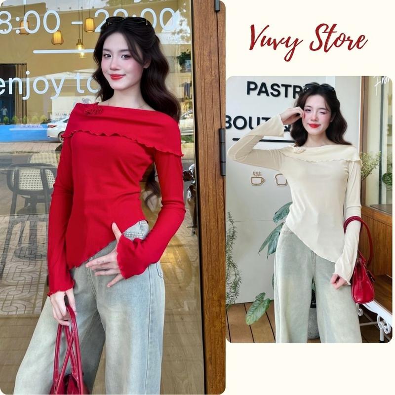 Áo thun trễ vai dài tay vạt chéo áo kiểu nữ thu đông lệch vai chất thun gân dáng ôm body Women Top Nhung Kem Voi AT39 Nhung Tăm Đỏ