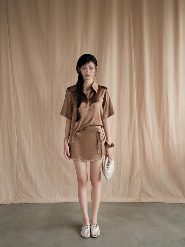 KIDO - Set áo lụa tay ngắn + Chân váy lụa phối nơ HABI SET