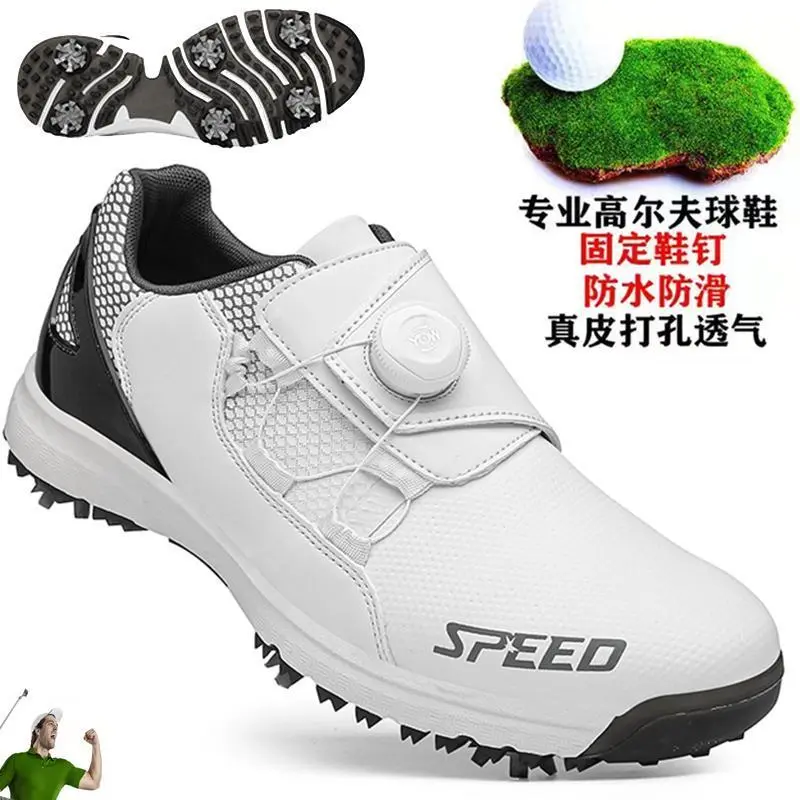 Good Things Men's Professional Golf Shoes, Coach Golf Shoes,Men's White Black Leather Sneakers, Men's Grass Non-slip Walking Golf Shoes