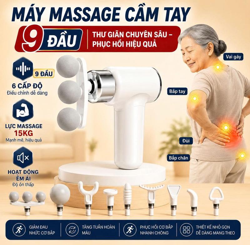 Máy Massage Cầm Tay 9 Món HITOKO HS11 – Giảm Đau Vai Gáy, Toàn Thân, Pin Trâu,…